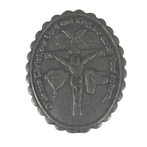 Antique Silver-Tone Religious Pocket Token With Crucifix & Sacred Heart Design - Picture 2 of 6